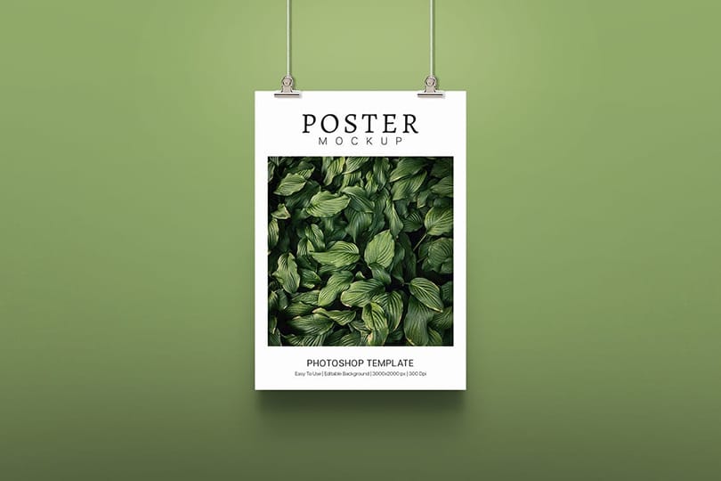 Photoshop Hanging Poster Mockup With Wall Green