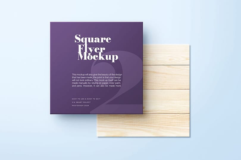 Minimal Purple Square Flyer Mockup on Wooden Plank