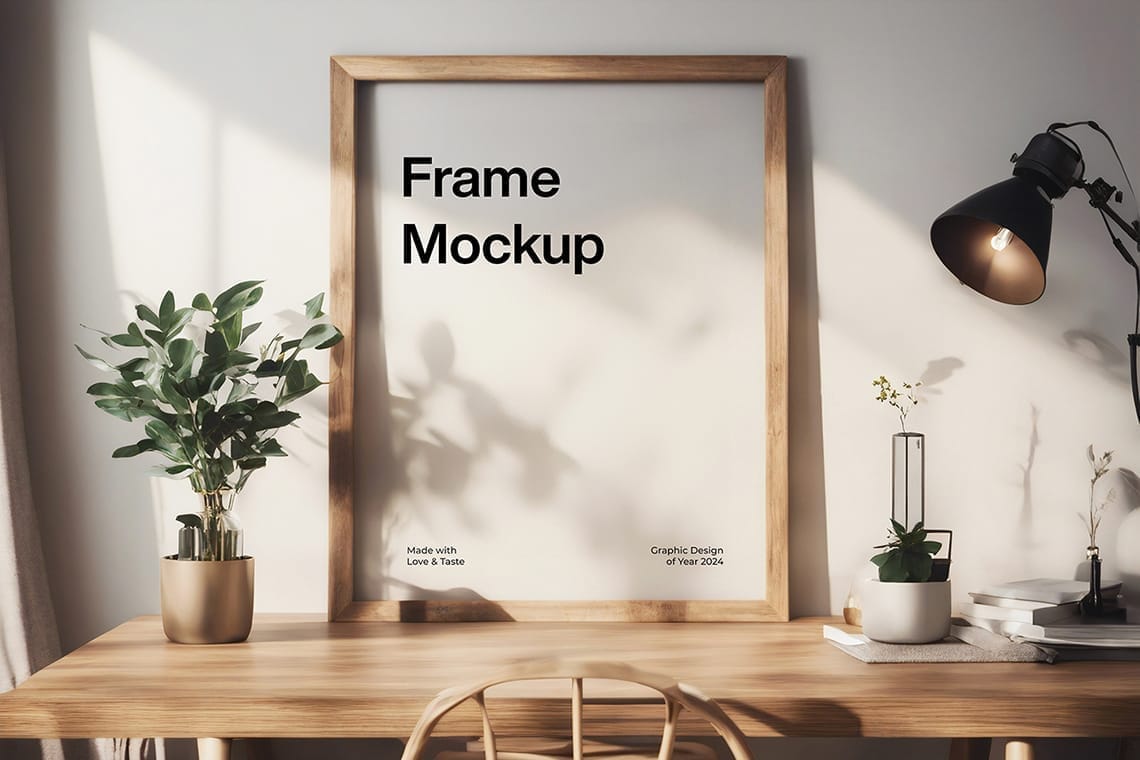 Realistic Frame Mockup on Wooden Desk