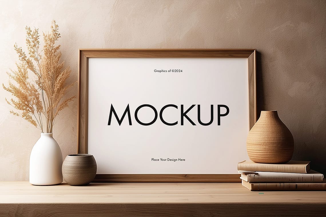 Realistic Wooden Frame Mockup on Wood Podium