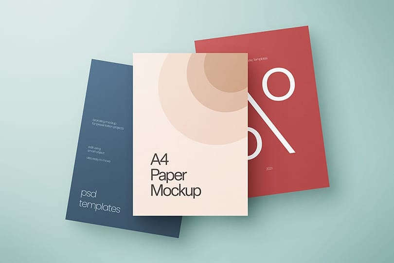 Photoshop Three A4 Paper Mockup Scene with Soft Solid Color