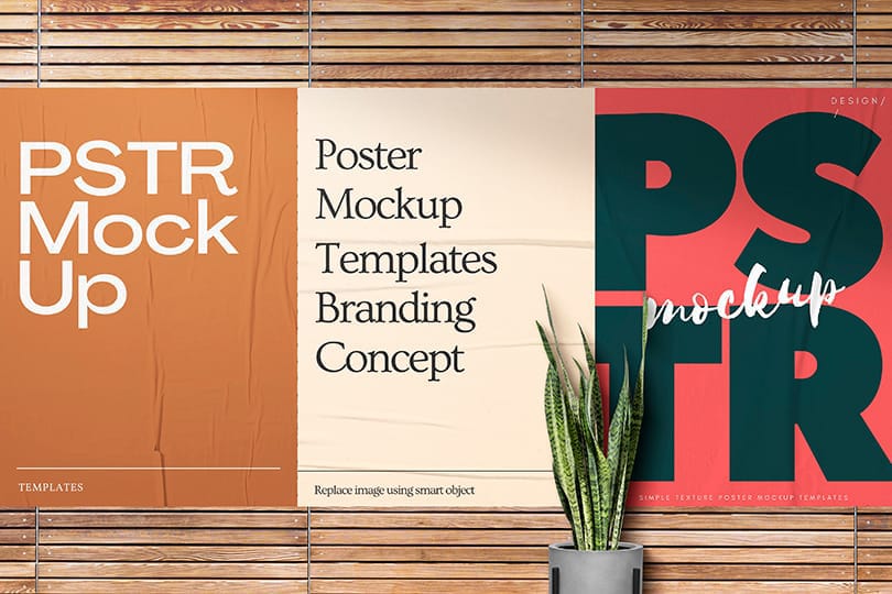 Photoshop Three Glued Poster Mockup with Plant Object