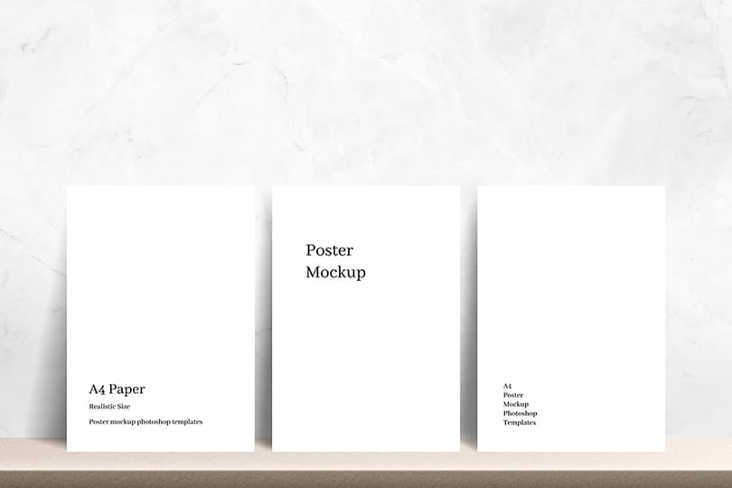 Photoshop Three Minimal Poster Mockup Stand on Podium