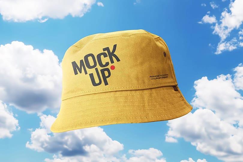 Yellow Bucket Hat Mockup on Bright Sky