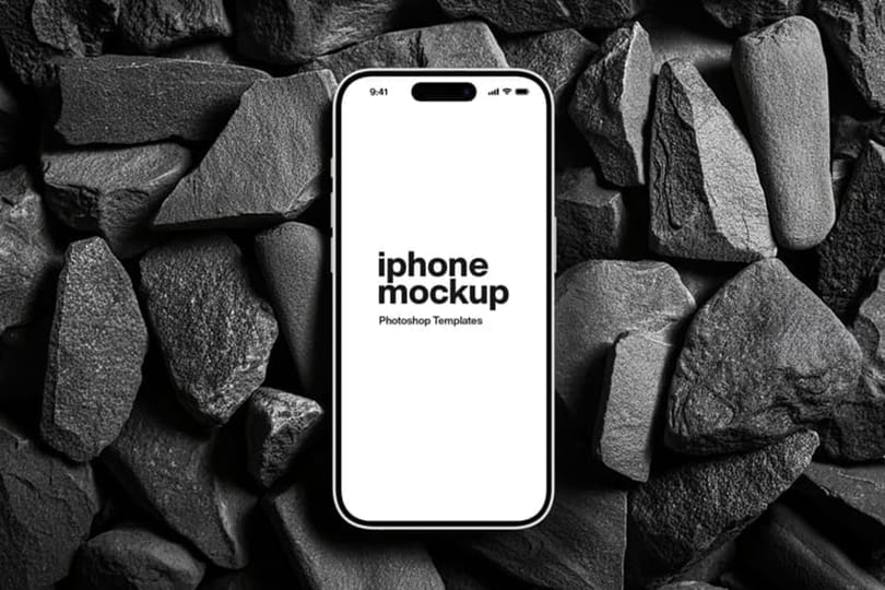 iPhone Mockup On Black Rocks