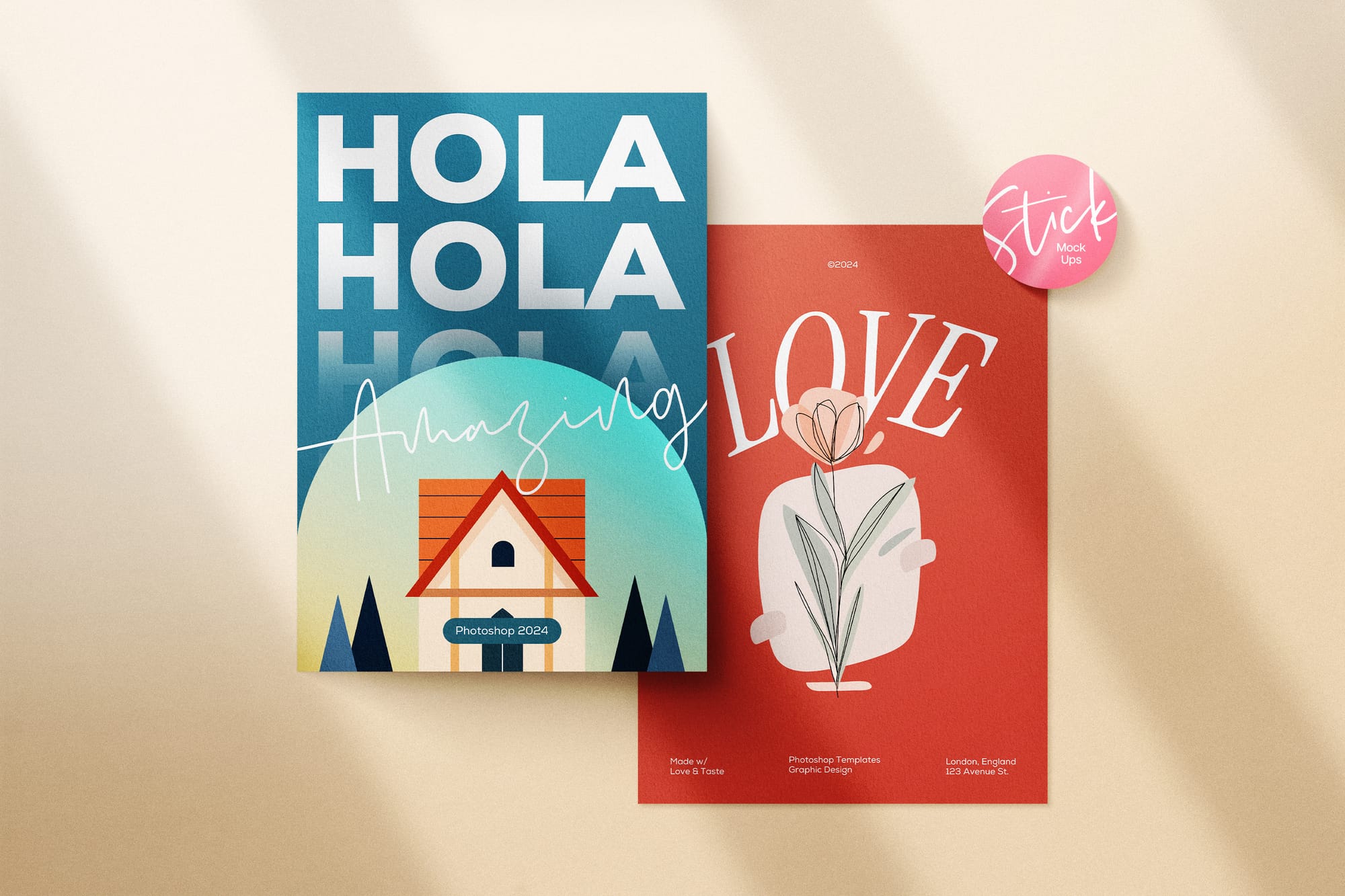 Photoshop Greeting Hola Love Paper Mockup with Sticker