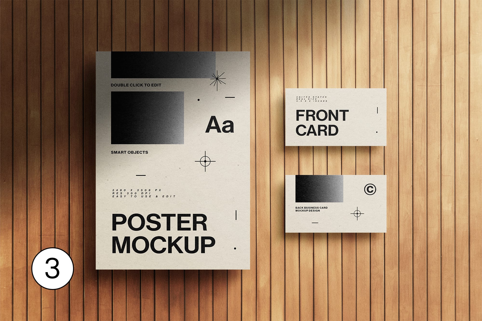 A4 Poster and Card Mockup on Wood Background