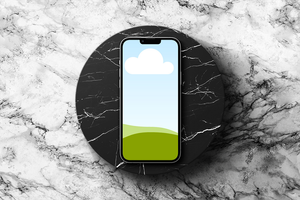 Canva iPhone 13 Pro Mockup on Premium Black Marble Podium