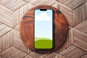 Canva iPhone 13 Pro Mockup on Wooden Background Podium