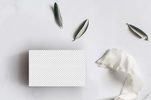 PNG Business Card On White Texture Paper With Leaf & Fabric Mockup