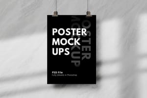 Photoshop Black Poster Mockup Hanging On A Rope With Shades of Shadow