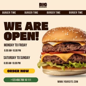 Canva We Are Open! Big Burger Instagram Post