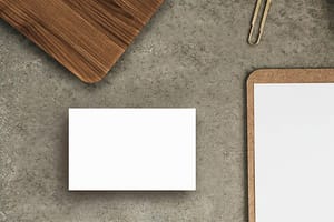 Image Business Card On Grey Wall Texture With Wood & Paper Mockup