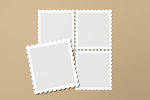 Image Postage Stamp Mockup Arrangement Layout on Beige Background