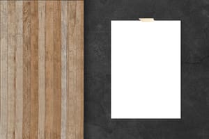 Image Poster Mockup on Black Wall With Wooden Board