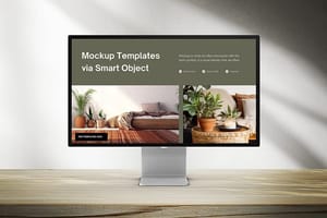 Photoshop Monitor Mockup on Wood Desk With Shadowed Background