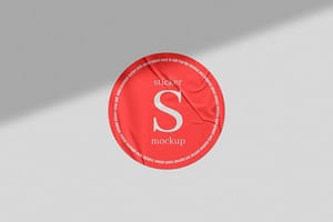 Photoshop Red Glued Sticker Mockup On Plain White Background