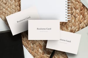 Photoshop Three Business Card Mockup  With Notebook and Rattan Background