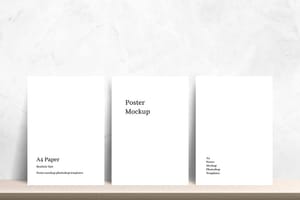 Photoshop Three Minimal Poster Mockup Stand on Podium