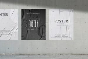 Photoshop Three Sticked Wrinkled Black and White Poster Mockup