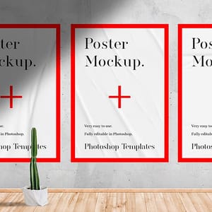 Photoshop Triple Glued Poster Mockup on Wall