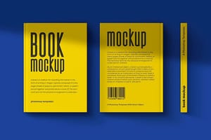 Photoshop Yellow Book Pack Mockup on Blue Color