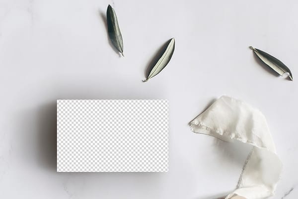 PNG Business Card On White Texture Paper With Leaf & Fabric Mockup