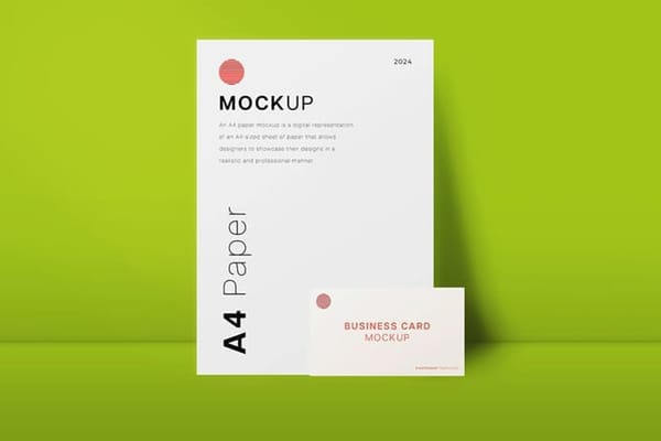 A4 Paper Mockup & Business Card With Green Background