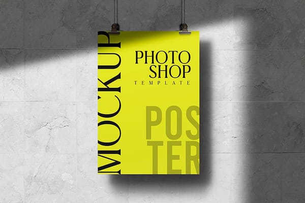 Photoshop Green Poster Mockup Hanging On A Rope with Shadow Overlay