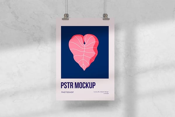 Photoshop Hanging Poster Mockup on White Marble Surface