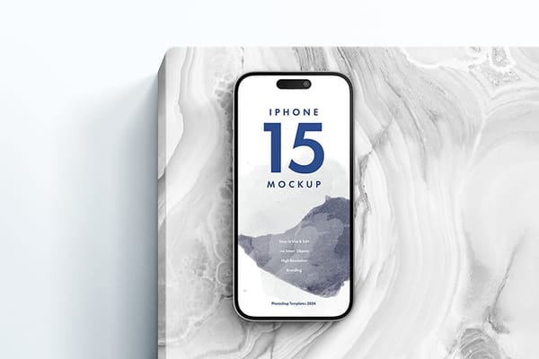 Photoshop Minimal iPhone 15 Mockup on Marble Podium