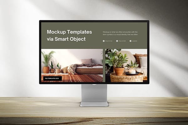 Monitor Mockup on Wood Desk With Shadowed Background