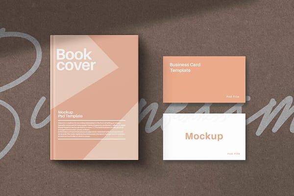 Photoshop Peach Bookcover and Business Card Mockup on Textured Background