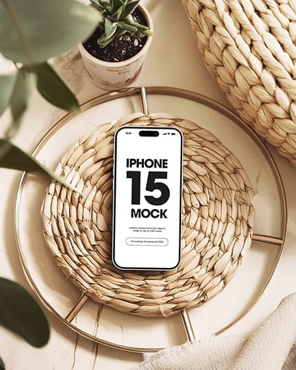 Photoshop iPhone 15 Mockup on Rattan