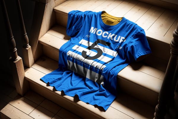 Photoshop T-Shirt Mockup On Wood Stair