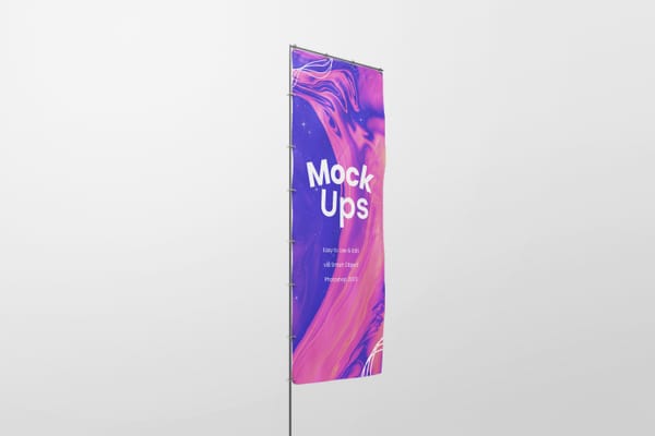 Photoshop Right View of Feathers Flag Sign Mockup