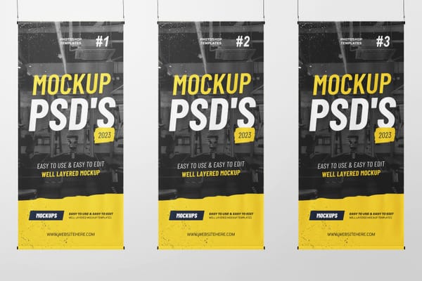 Photoshop Three Hanging Banner Flag Mockup